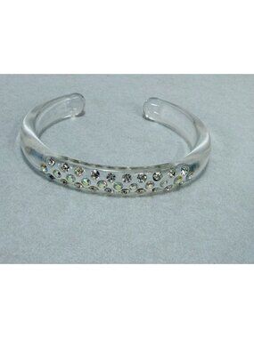 Vintage Clear Lucite Cuff Bracelet Aurora Borealis Rhinestones Wide Statement